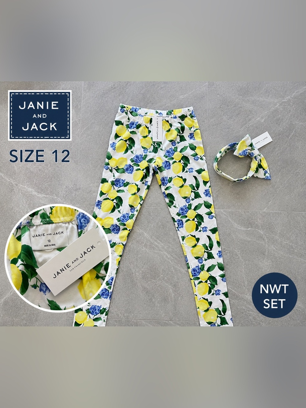 Janie and Jack Lemon Floral Leggings + Matching Headband Set – Size 12 – NWT